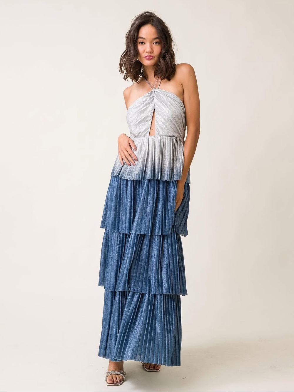 NWT Line & Dot Oracle Ombre Pleated Halter Cutout Maxi Dress Denim Blue XS